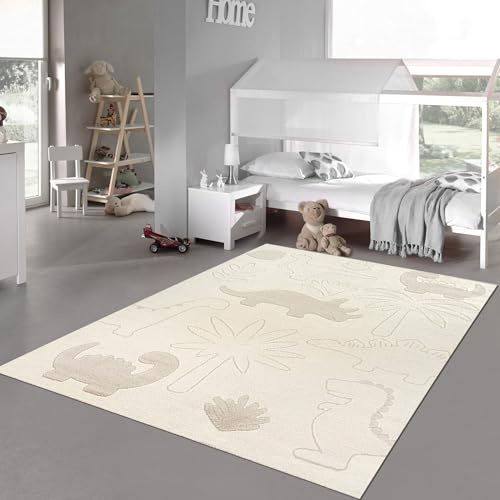 Teppich-Traum Teppich Kinderzimmer Spielzimmer Dino Tiermuster Pflanzenmuster kurzflor strapazierfähig Allergiker geeignet weich in Creme, 120 x 170 cm