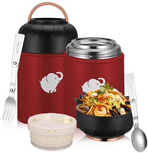 TranRantic Thermobehälter für Essen, 500 ml Edelstahl Warmhaltebehälter, Thermobecher, Thermo Essensbehälter mit Löffe&Gabel, Auslaufsiche Thermoskanne für Essen, Lunchbox Thermo für Speisen (Rot)