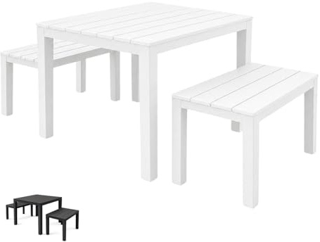 PALUPLUS Set da Pranzo in Plastica per 2 Persone, Composto da: 1 Tavolino Quadrato e 2 Panche, Set Giardino per Interno ed Esterno -PAP743F (Bianco)