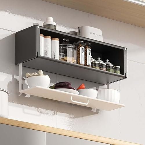 Pull Out Kitchen Organizer Spice Shelf Cabinet Door Storage Rack White Space Saving Plate Organizer with Fold Down Design Inner Cabinet Organization Black 500mm