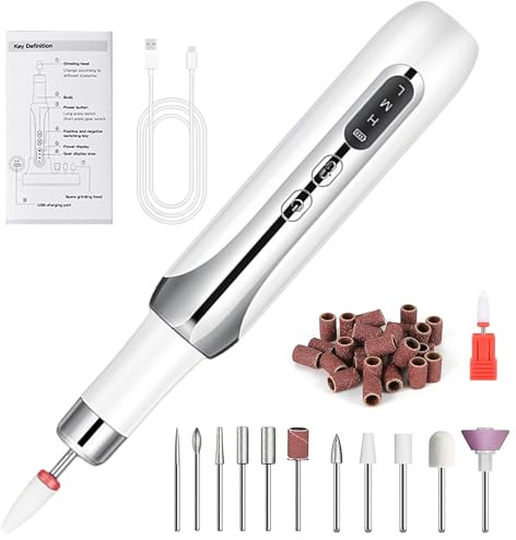 Professional Electric Nail File: Cordless Rechargeable Nail Drill Kit with 12 Drill Bits and 6 Sanding Bands Electric File for Nails Toenail Acrylic and Gel Nails - 3 Speeds Adjustable
