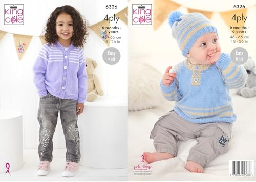 King Cole Childs Knitting Pattern 4Ply Babies Cardigan Sweater & Hat (6326)