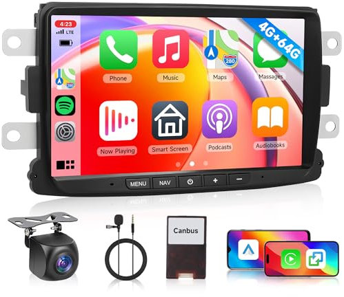 4G+64G Inalámbrico Carplay Android Radio Coche para Renault Dacia Duster/Sandero/Logan/Captur/Lodgy/Dokker/Symbol 8 Pulgadas Radio con Android Auto GPS WiFi Mirror Link Bluetooth FM/RDS Cámara Trasera