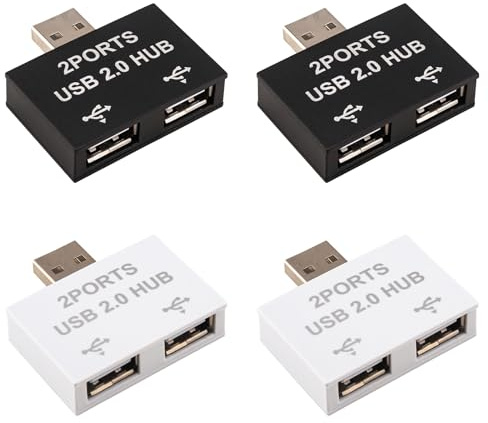 Leehitech 4 Stück USB 2.0 Splitter Mini Hub, 1 auf 2 Ports USB Verteiler | Direkter Doppelstecker für Strom & Daten gleichzeitig, kompakt für Laptop, PC, Schwarz & Weiß, NICHT CarPlay
