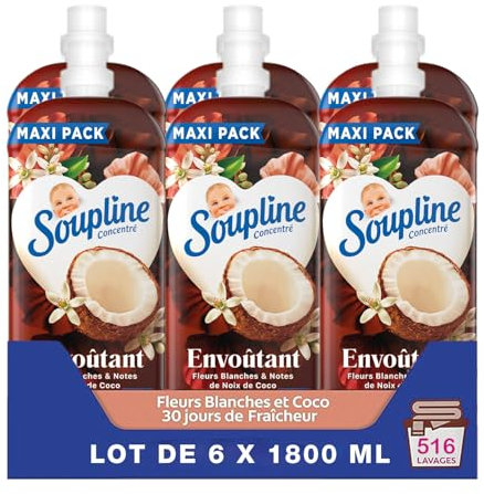 SOUPLINE - Adoucissant Concentré Ultra Emotion - Noix de Coco & Fleurs Blanches - Lot de 6 x 1,8L