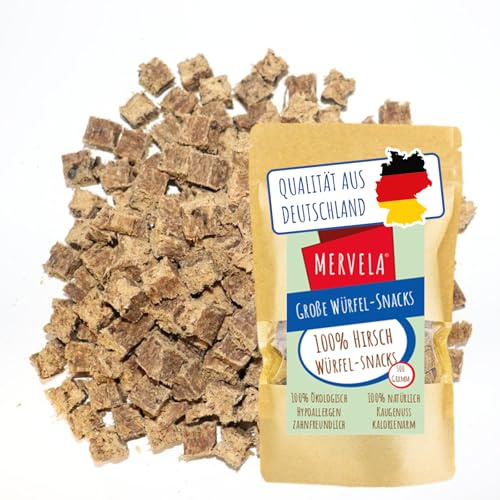MERVELA® Würfelhappen Hirsch für Hunde, 500 Gramm [Qualität aus Deutschland] für Allergiker Sensitive, Belohnung, Trainingssnack, getreidefrei, Hundesnack, hypoallergen, Hunde Leckerli