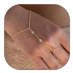 LunarCharm 14K vergoldet Strahlende Rhinestone Ring Bracelet Für Damen, Verstellbarem, Wasserfester Hand Schmuck Handkettenarmband für Frauen Goldring Armband Handkette