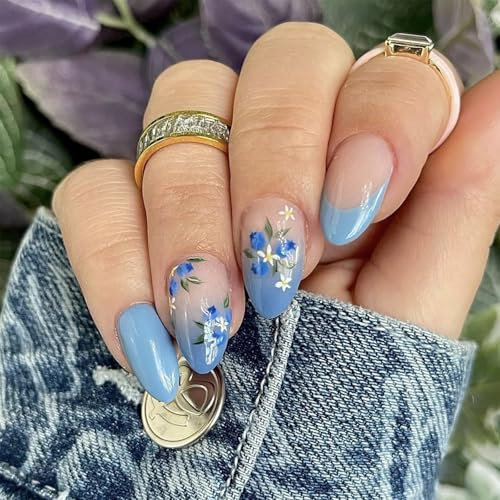 CharmBurst 24 pièces Faux ongles bleu à coller kit, design floral élégant pour DIY nail art, faux embouts d'ongles