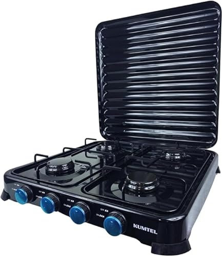 Fornello a Gas 4 fuochi Fornellino da Esterno con Copertura Coperchio Rimovibile Fornello a Gas da Campeggio con Manopole Indipendenti 4 Bruciatori Rimovibili 48 x 48 x 8H cm Piano Cottura Nero