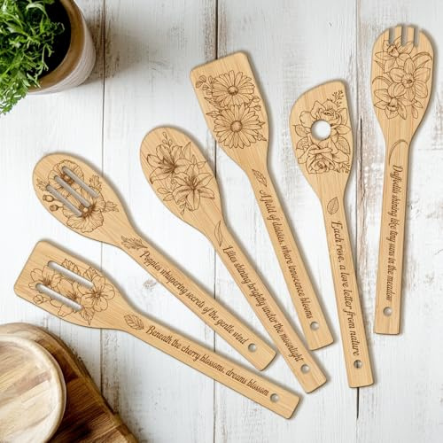CUTHOLLOW 6PCS Various of Flower Wooden Kitchen Cooking Utensil Set, Non Toxic Bamboo Wood Spoon Set for Cooking, Best Housewarming Birthday Thanksgiving for Women Mother