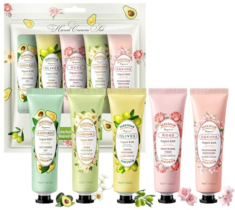 Handcreme Set, 5 Stück Mini Handcreme Set für Frauen, Hand Cream mit Blumen & Früchte Aromen, Intensive Pflege für Trockene Hände, Moisturizing, Kleine Weihnachtsgeschenke, Pflege Geschenkset