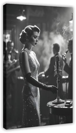 QIENAZIO Retro-Jazz-Sänger schwarz-weiße Musik, elegantes Leinwand-Poster, Wandkunst, Schlafzimmer, Büro, Küche, Dekoration, Geschenke, 60 x 90 cm