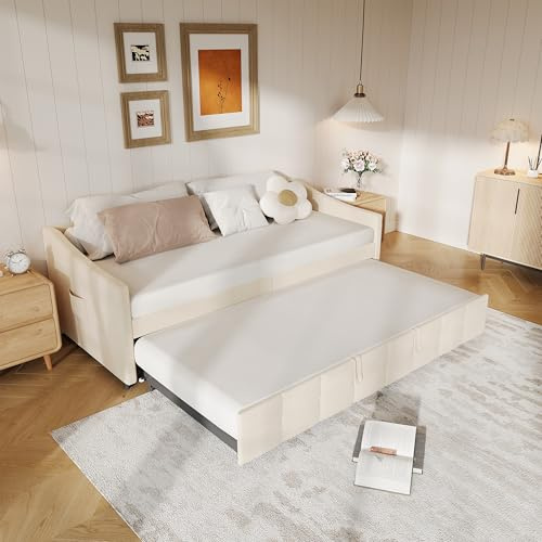 Aneutr Sofá cama Convertible de 2 plazas 90/180 x 200 cm, sofá cama acolchado con somier de láminas, sofá cama nido extensible, tejido aterciopelado (sin colchón) (Beige B)