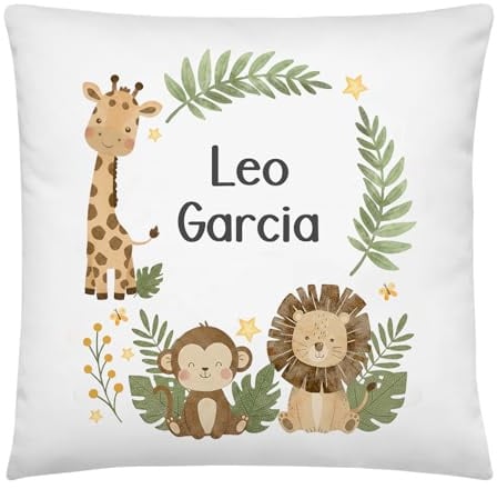 Anak Anak Cojín Infantil Animales de la Selva Personalizado con Nombre – Poliéster Suave y Lavable – Decoración Habitación Infantil o Guardería – Regalo Original para Bebé o Niño 40x40 cm