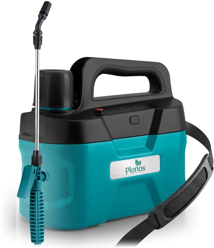 Plonos Drucksprüher Akku 5 l - Drucksprühgerät mit verstellbarer Düse, 52,5 cm Lanze und PE-Tank - Gartenspritze zum Bewässern und Pflegen
