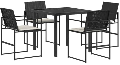 Mhdvray Garten Essgruppe mit Kissen 5-teilig Poly-Rattan Sitzgruppe für 4 Personen Moderne Balkonmöbel mit Gartentisch aus Sicherheitsglas und 4 Gartenstühlen Schwarz Creme