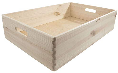 WooDeeDoo Extra Large Wooden Storage Crate – Shallow Stackable Open-Top Box Unfinished Pine for Underbed Storage Pantry Organisation Flat Craft Items Kitchen Shelf Office Supplies – 59.5x39.5x13.5cm