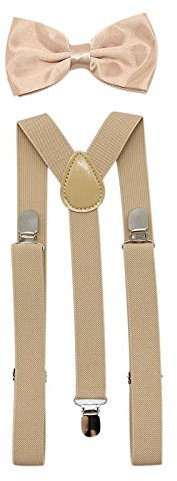 SUNTRADE Hosenträger für Herren und Damen, elastisch, Y-Form, verstellbar, mit Clips und Fliege Gr. Einheitsgröße (Champagnerfarben)
