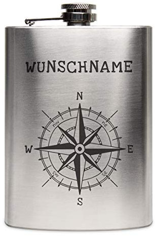 Edelstahl Flachmann 237 ml 8 oz Geschenk mit individueller Gravur - Kompass