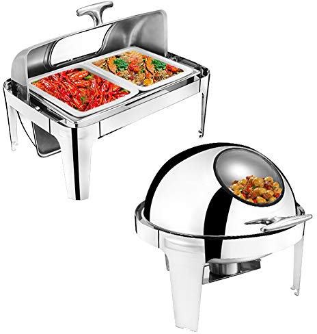 WSHA Juego de Platos de frotamiento de Acero Inoxidable Redondo y Calentador de Alimentos Cuadrado con sartenes y Soportes para Combustible, para Catering, Buffet, Bodas