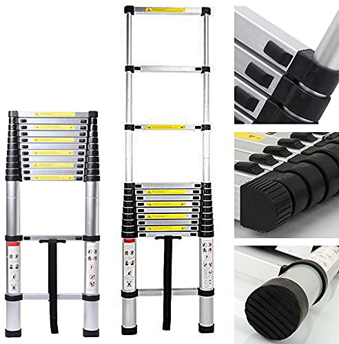 DICN Aluminium 3.8M Telescopic Ladder, 12 Steps, Max Load 150KG, Heavy Duty, Foldable