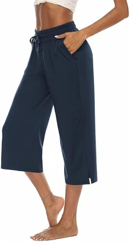 ASKSA Femme 3/4 Pantalon Capri à Jambe Large Pantalons de Pants Jogging de Yoga en Couleur Unie Vrac D'été avec Poches