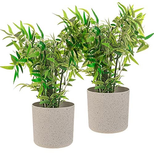 LIVIVO 18CM Round Plastic Flowerpot Plant Pot with Speckled Sandstone Effect for Indoor & Outdoor use including Kitchen Living Room Hallway Garden Patio Entrance Balcony Window - SET OF 2 (White)