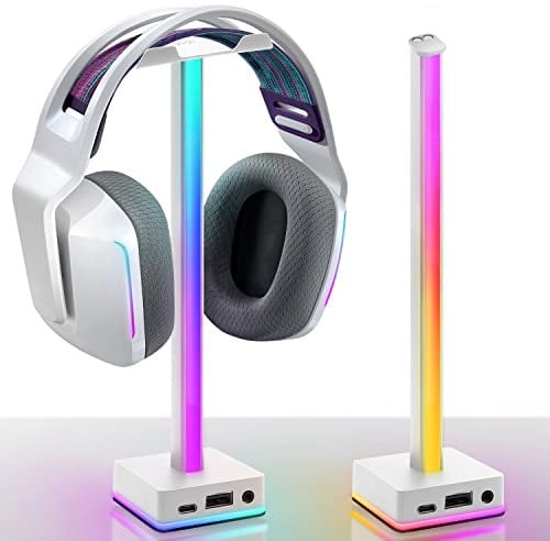 EZDIY-FAB USB LED Light Bar Headphones Stand, Desktop Atmosphere RGB Backlight,50 Built-in Color Modes, Headphone Holder for Gamers Gaming PC Accessories Desk- White