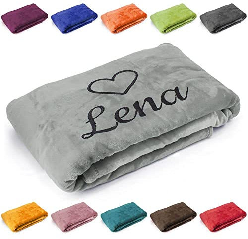 Kuscheldecke 'Herz' mit Name oder Wunschtext Bestickt, Geschenk zu Valentinstag, Geburtstag, Hochzeitstag, 200cm x 150cm extra weiche und gemütliche Sofadecke/Wohndecke, hochwertiges Fleece (Grau)