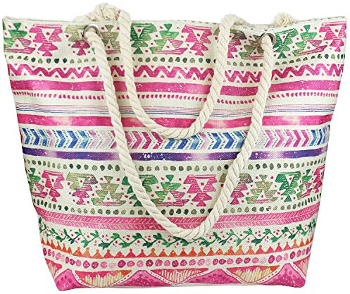 FUREINSTORE Bolsa de Playa Grande para Mujer, Bolso Hombro Mujer Playero Viajes, Compras con Cremallera Asas y Cuerda, Transpirable Lavable (940 Rosa)
