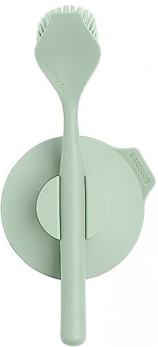 Brabantia - Sinkside Washing Up Brush with Suction Cup Holder - Sink Accessory - Ergonomic Handle - Durable - Built-In Scraper - Dish Brush Holder - Kitchen Organiser - Jade Green - 11 x 5 x 24 cm