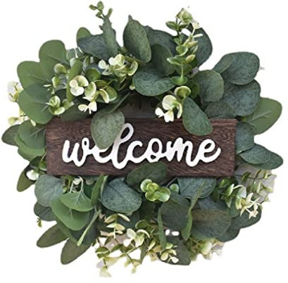 Künstliche Blumen, 30,5 cm, Willkommens-Kranz, rustikale Haustür-Dekoration, Holz-Hängeschild, Veranda-Dekor