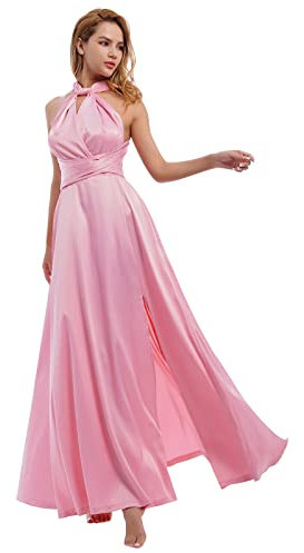 Damen Satin Transformer Infinity Kleid mit Bandeau Convertible Brautjungfernkleid Split Lang Formal Twist Wrap Multi-Way Kleid, Rosa-Satin, Klein