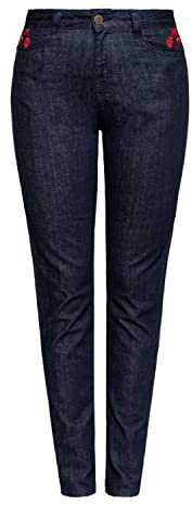 Queen Kerosin Damen Jeanshose High Waist Slim Fit Western-Style 50S Rockabilly Vintage Rosen Pants Denim Roses