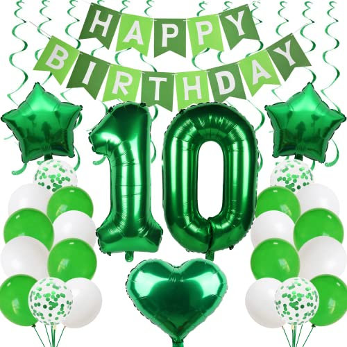 Luftballons 10er Pack für den 10. Geburtstag - Grün mit Girlande - Dekoration für Jungen und Mädchen