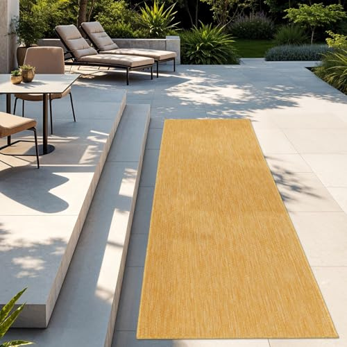TT Home Teppich Für Outdoor Wetterfest Küchenteppich Balkon Terrasse Unifarbenes Design Modern, Farbe: Gelb, Größe:80x250 cm
