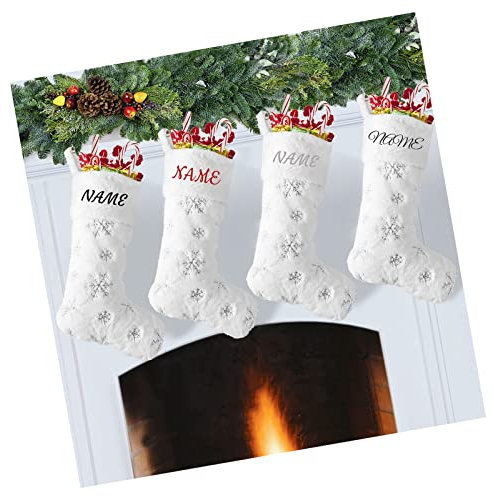 CHAMEEN Personalisierter Weihnachtsstrumpf Fell mit Namen Personalized Christmas Stockings Name Personalisierte Weihnachtsstrümpfee Weiß mit Schneeflocken für 2 Stück Weihnachten Kamin Deko