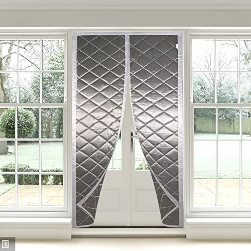 QINGLV Surpass Magnetic Thermal Door Curtains 95x240cm Full Frame Hook&Loop Air Conditioner Partition Curtain Hands-Free for Back Doors -Mid_open_grey.