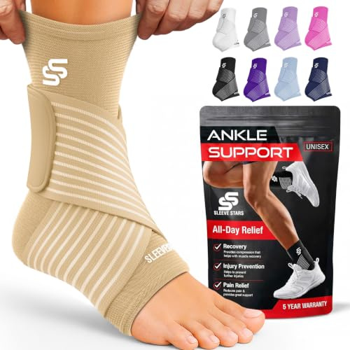 Sleeve Stars Ankle Brace Men & Women Support (Pair/M:10-12/Beige) | Plantar Fasciitis, Adjustable Strap, Sprained Wrap, Customizable Foot Support, Achilles Tendonitis Relief, Compression Sleeve