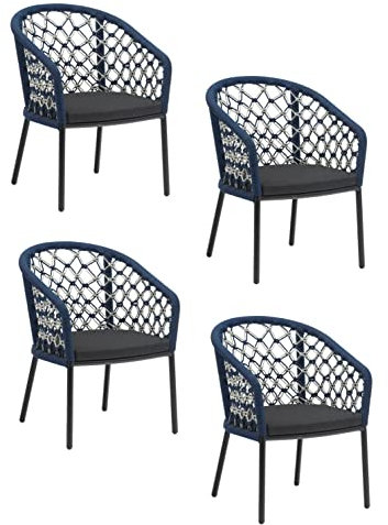 Konway 4X Marbella Edelstahl Sessel BLAU/Weiß Garten Stapelstuhl Stuhl Set Gartenstühle Gartenmöbel Terrasse Balkon Sitzgruppe Outdoor Lounge Möbel