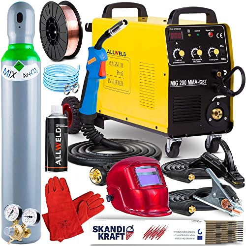 MIG 200 KN - 200A MIG MAG Schweißgerät mit Schutzgas und Fülldraht - mit Induktivität, Lötschweißen und MMA-Schweißmodi - Schutzgasschweißgerät mit Fahrwerk - Set:ProfessionalPlus