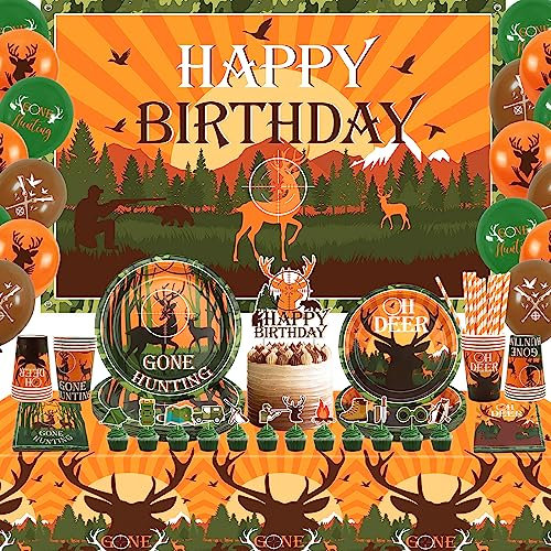 Ywediim Jagdpartyzubehör Geschirr für 20 Gäste, einschließlich Happy Birthday-Hintergrundbanner, Luftballons und Tischdecke, für Geburtstags-Camouflage-Camping-Jagd-Themenparty (Hintergrund)