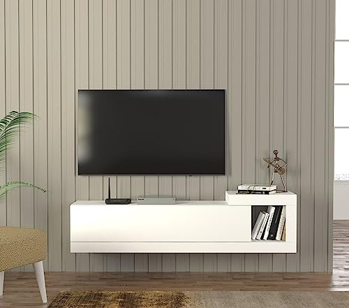 DORPEK Dente Tv Stand White, 32- 65, Wall Mounted Floating Tv Unit, Floating Tv Stand with Cabinet and Open Shelf, Entertainment Unit for Living Room, Bedroom and Dining Room