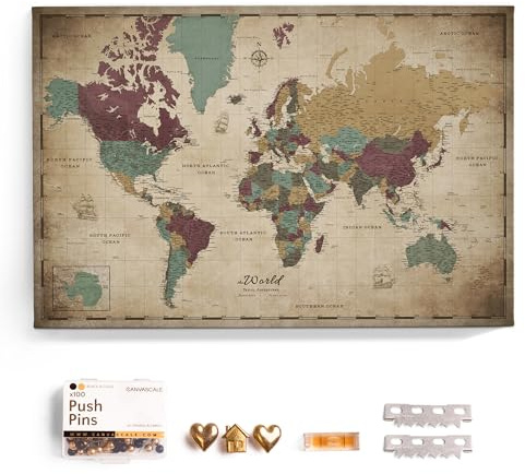 Carte du monde en toile avec tableau d'affichage en liège - Labels en anglais - Décoration murale décorative pour toutes les pièces - Tableaux sur toile (70x50 cm, Motif 12)