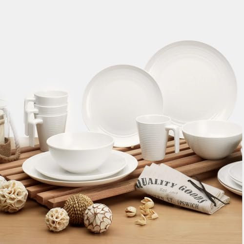 FLAMEFIELD SERAMIKA Vanilla 16-Piece Melamine Set - Classic Ceramic-Inspired Dinnerware with Embossed Detail, Perfect for Elegant Entertaining Indoors & Outdoors