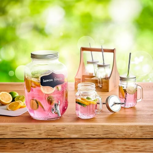 Avilia Set Vassoio in Legno con 4 Borracce in Vetro per Pic-nic e Piscine 20x22x22cm, Marrone