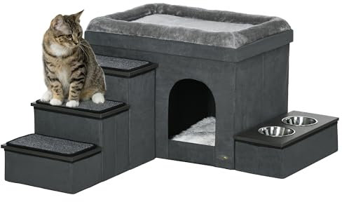 PawHut Katzenhöhle Katzenhütte mit Treppe, Katzenhaus mit 2 Edelstahlnäpfen, Katzenbett, Hundehaus mit Kissen, für Katzen, Hunde bis 8 kg, Polyester, 78 x 48 x 49,5 cm, Grau