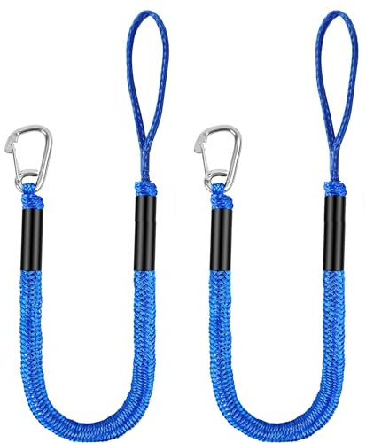 Boat Bungee Dock Lines with 316 Hook, 4 Feet Stretches to 6 Feet Mooring Rope 2-Pack for Docking, Mooring Line Boat Accessories Docking Ropes PWC Dock Ties for Boats (Blue)