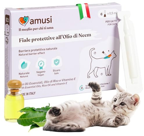 amusi Fiale Protettive Olio di Neem per Gatti - 6 Pipette Gatti da 0,5 ml - Antiparassitario - Antipulci Gatto Contro Zecche Pulci Zanzare Pidocchi - Lunga Durata e Protezione Effetto Scudo