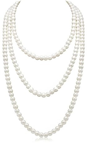 Tomedeks 1 Stück Perlenkette 150 Cm, Perlenkette Damen, Perlenkette Lang,1920S Gatsby Kostüm Accessoires Lange Perle Halskette,Dame Weiße Elegante Künstliche Perlen-Halsketten(Weiß)
